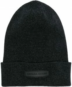 Canada Goose Black 'Thin Ribbed Logo Detail Beanie' Accessories