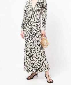 Rixo London Black ‘Selma’ Floral Palm Print Midi Dress