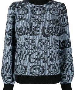 Ganni Blue 'Logo Smiley Balloon Sleeve Sweater'