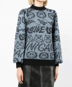 Ganni Blue 'Logo Smiley Balloon Sleeve Sweater'