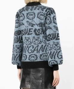 Ganni Blue 'Logo Smiley Balloon Sleeve Sweater'