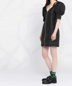 Ganni 'Contrasting Stitched Puff Sleeve Mini Dress'