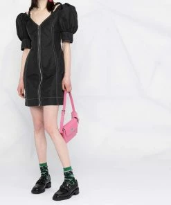 Ganni 'Contrasting Stitched Puff Sleeve Mini Dress'