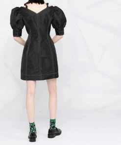 Ganni 'Contrasting Stitched Puff Sleeve Mini Dress'