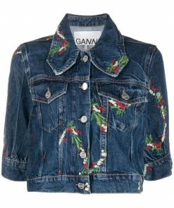 Ganni New In 'Floral Embroidered Cropped Denim Jacket'