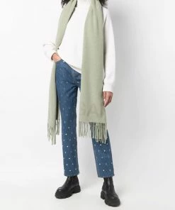 Ganni Khaki 'Wool Logo Fringed Scarf'
