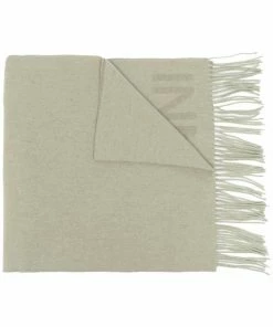 Ganni Khaki 'Wool Logo Fringed Scarf'