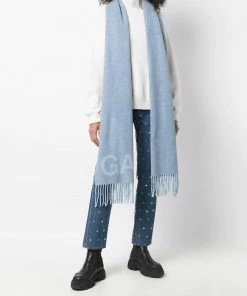 Ganni Blue 'Wool Logo Fringed Scarf'