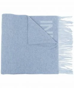 Ganni Blue 'Wool Logo Fringed Scarf'