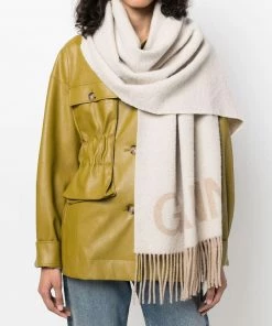 Ganni Beige 'Wool Logo Fringed Scarf'