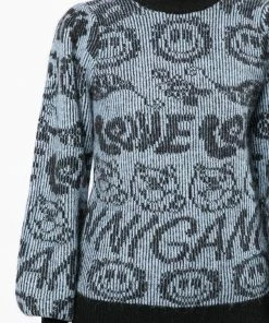 Ganni Blue 'Logo Smiley Balloon Sleeve Sweater'