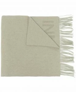 Ganni Khaki 'Wool Logo Fringed Scarf'