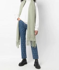 Ganni Khaki 'Wool Logo Fringed Scarf'