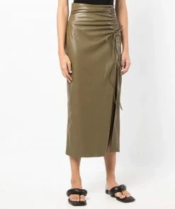 NANUSHKA Olive Green 'Malorie' Ruched Midi Skirt Clothing