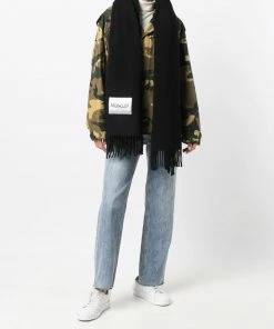 Moncler Black 'Fringed Logo Patch Scarf'