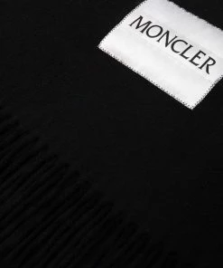 Moncler Black 'Fringed Logo Patch Scarf'
