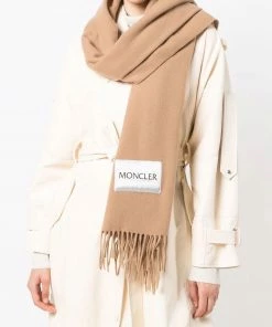 Moncler Camel 'Fringed Logo Patch Scarf'