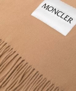 Moncler Camel 'Fringed Logo Patch Scarf'