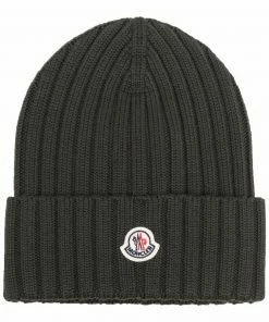 Moncler Khaki 'Ribbed Logo Beanie Hat'