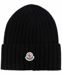 Moncler Black 'Ribbed Logo Beanie Hat'