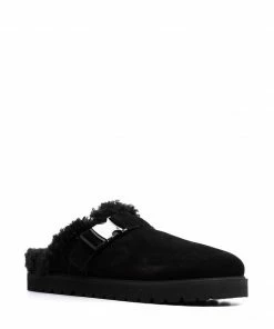 Moncler Black Faux Shearling Lined 'Mon Mule' Slides