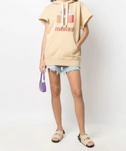 Isabel Marant Etoile Honey Toned Oversized 'Milesy' Short Sleeve Logo Hoodie Clothing