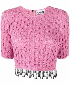 Ganni Pink ‘Smocked Satin Beaded Fringe Top’