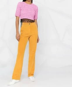 Ganni Pink ‘Smocked Satin Beaded Fringe Top’