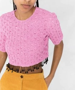Ganni Pink ‘Smocked Satin Beaded Fringe Top’
