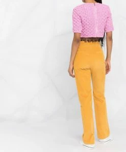 Ganni Pink ‘Smocked Satin Beaded Fringe Top’