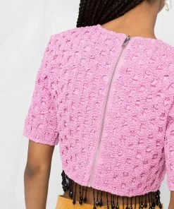 Ganni Pink ‘Smocked Satin Beaded Fringe Top’
