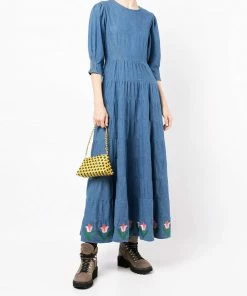 Rixo London ‘Kristen’ Tulip Embroidered Denim Midaxi Dress