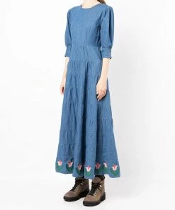 Rixo London ‘Kristen’ Tulip Embroidered Denim Midaxi Dress