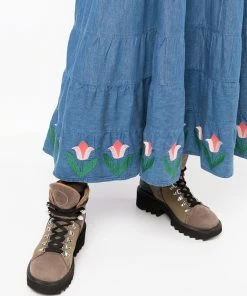 Rixo London ‘Kristen’ Tulip Embroidered Denim Midaxi Dress