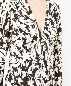 Rixo London Black ‘Selma’ Floral Palm Print Midi Dress