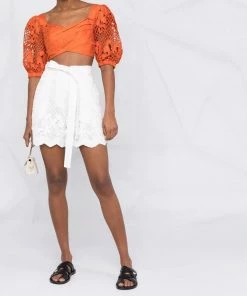 Self Portrait Orange ‘Embroidered Puff Sleeve Crop Top’
