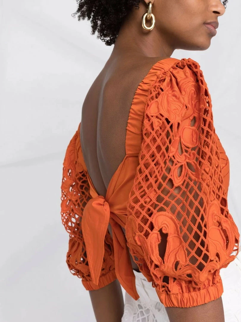 Self Portrait Orange ‘Embroidered Puff Sleeve Crop Top’ 5 Self Portrait Orange ‘Embroidered Puff Sleeve Crop Top’
