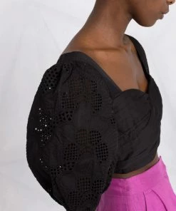 Self Portrait Black ‘Embroidered Puff Sleeve Crop Top’ Clothing