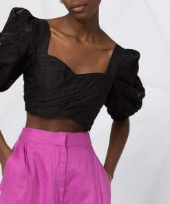 Self Portrait Black ‘Embroidered Puff Sleeve Crop Top’ Clothing