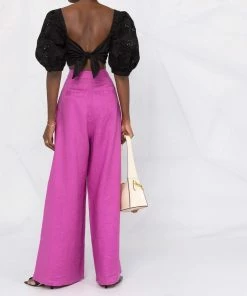 Self Portrait Black ‘Embroidered Puff Sleeve Crop Top’ Clothing