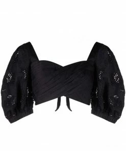 Self Portrait Black ‘Embroidered Puff Sleeve Crop Top’ Clothing