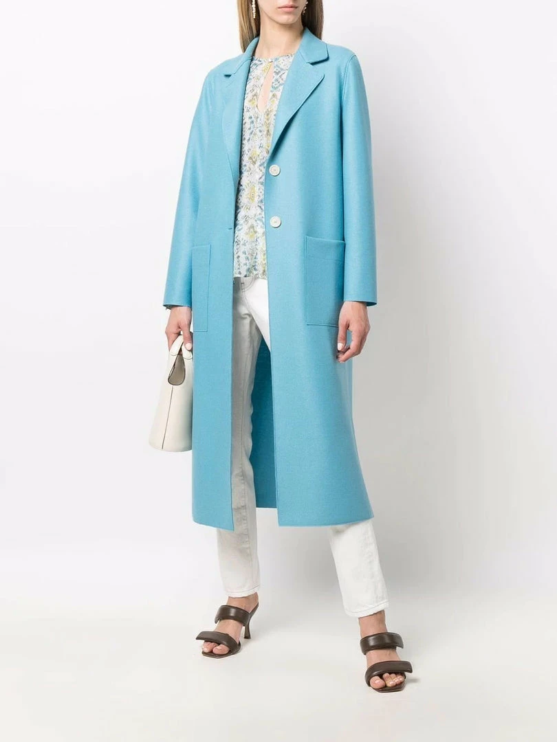 Harris Wharf London Clothing Blue 'Single Breasted Side Slit Long Midi Coat' 4 Harris Wharf London Clothing Blue 'Single Breasted Side Slit Long Midi Coat'