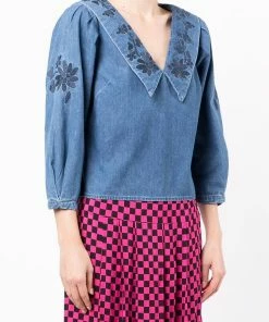 Rixo London 'Willa' Embroidered Denim Blouse