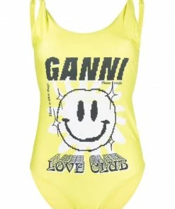 Ganni 'Yellow Smiley Face Graphic Swimsuit'